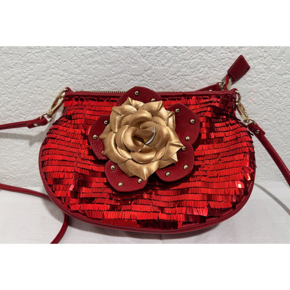 Sharif Red Purse Handbag Sequins Rose Top Chain Handle Cross Body Shoulder Strap - Picture 1 of 14